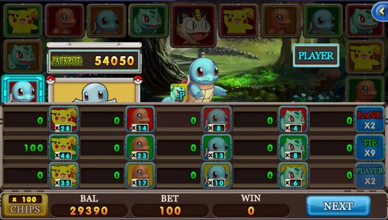Pocket Monster arcade game on XE88 with a blue turtle character, the jackpot and the betting grid