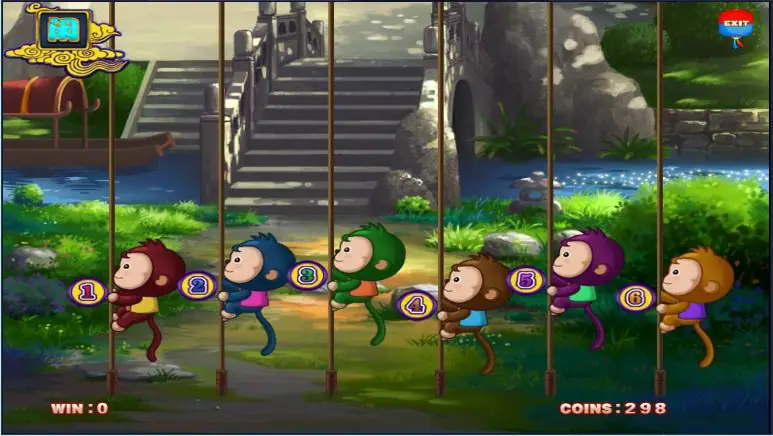 Six monkeys lined up at the foot of the poles by a stone bridge