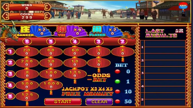 The Thunderbolt odds board of red lanterns with Banker, Tie and Player fans above