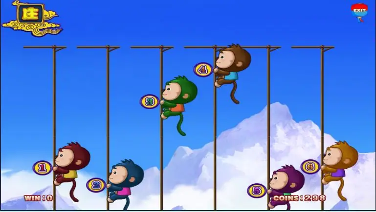 Thunderbolt on XE88 with six numbered monkeys climbing poles against snowy mountains